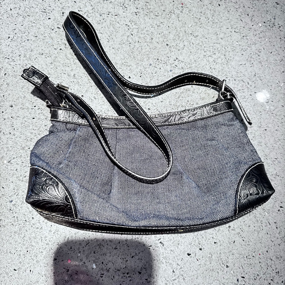 Y2K Black Denim and Embossed Leather Shoulder Bag